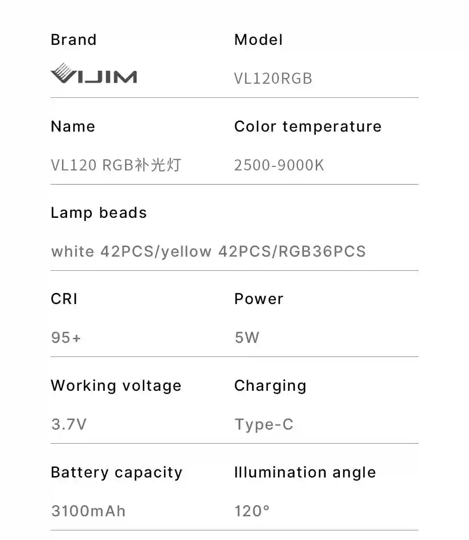 VL120 RGB LED photography light specifications chart showing color temperature, lamp beads, power, and battery life.
