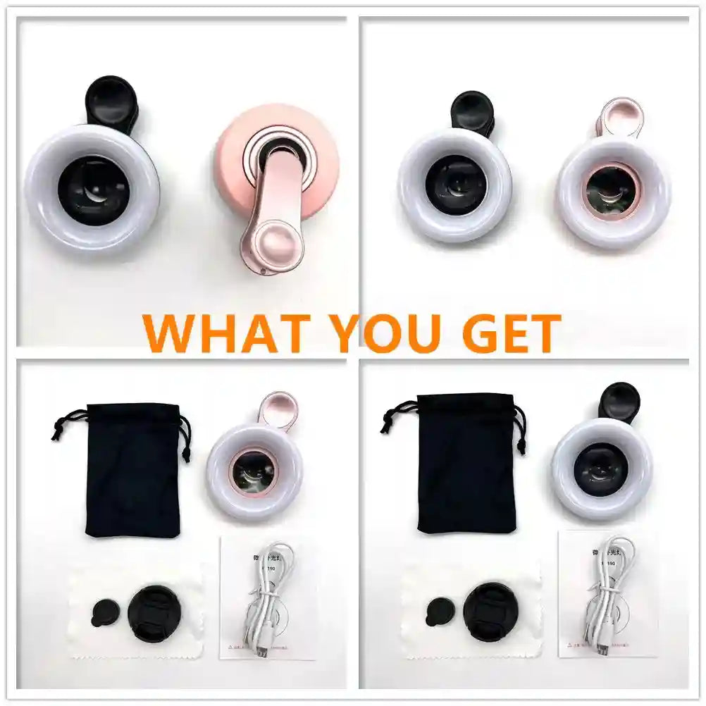 Clip-on phone ring light and lens kit with charging cable, lens caps, cleaning cloth, and storage pouch.