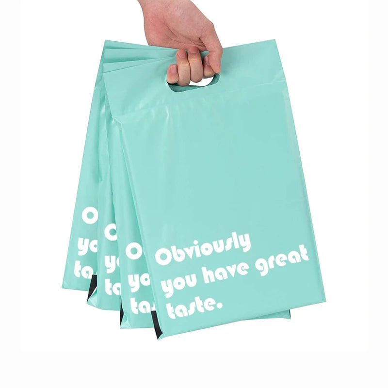 Mint green poly mailer bag held open, with “obviously you have great taste” text