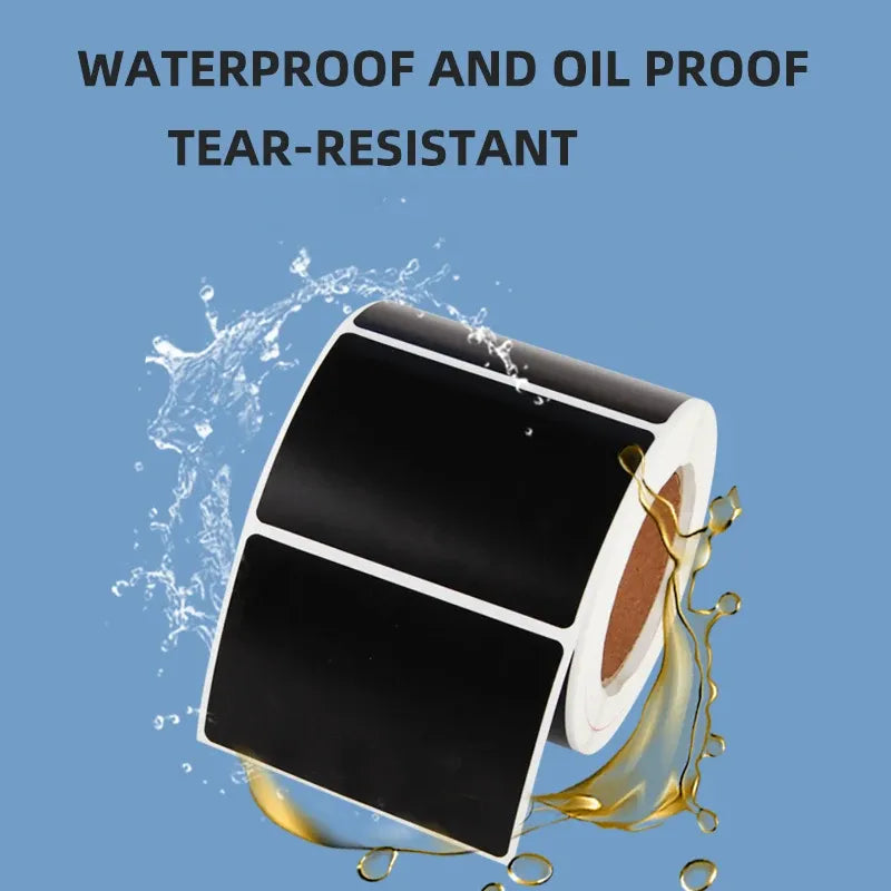 Black waterproof oil-proof label roll with several rectangular labels