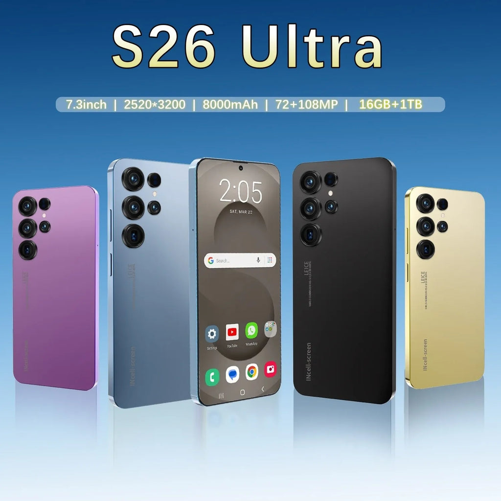 S26 Ultra Android 15 gaming smartphone with 7.3 inch HD screen and 108MP camera, 16GB RAM, 1TB storage, 5G unlocked