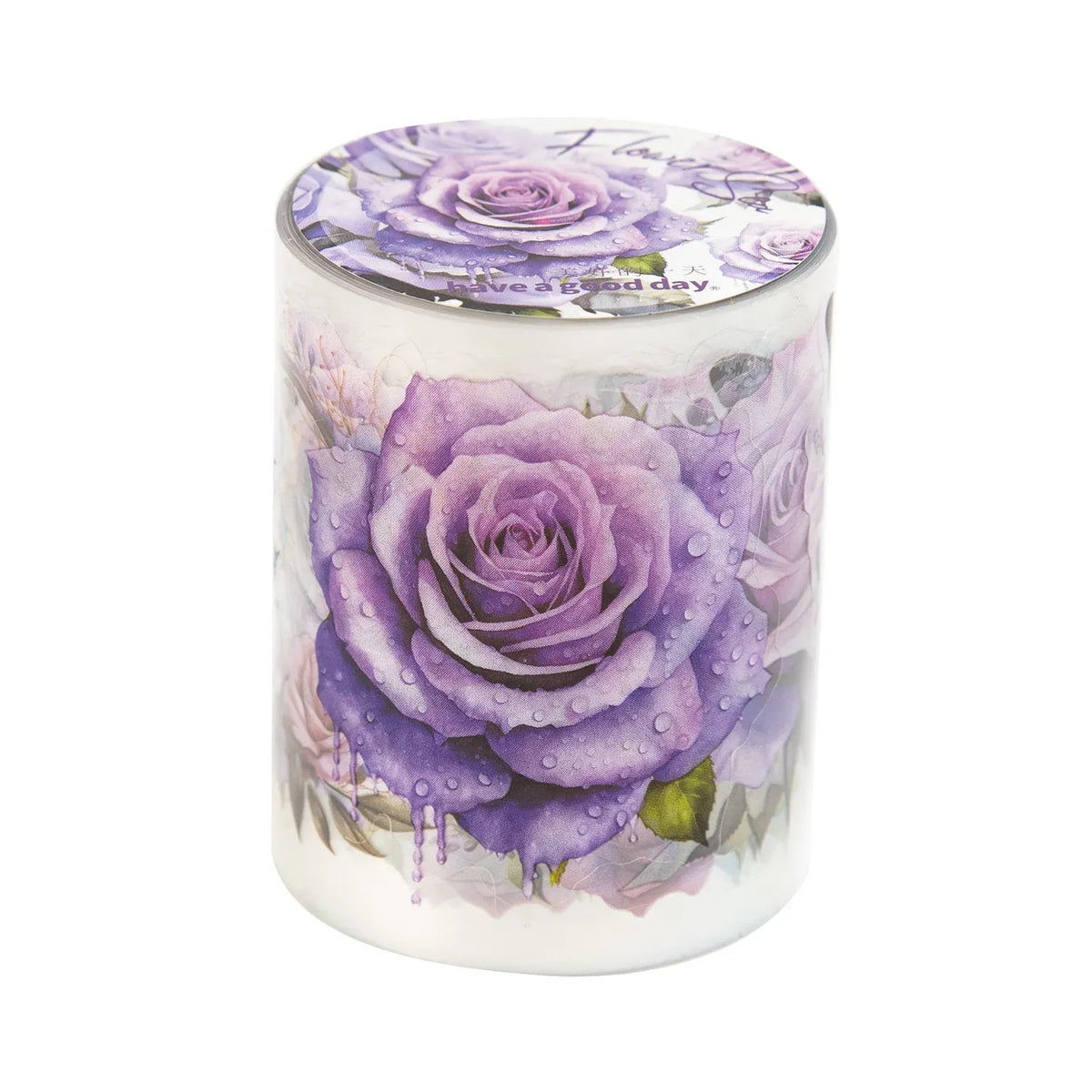 Purple rose PET masking tape roll with watercolor flowers on a white base