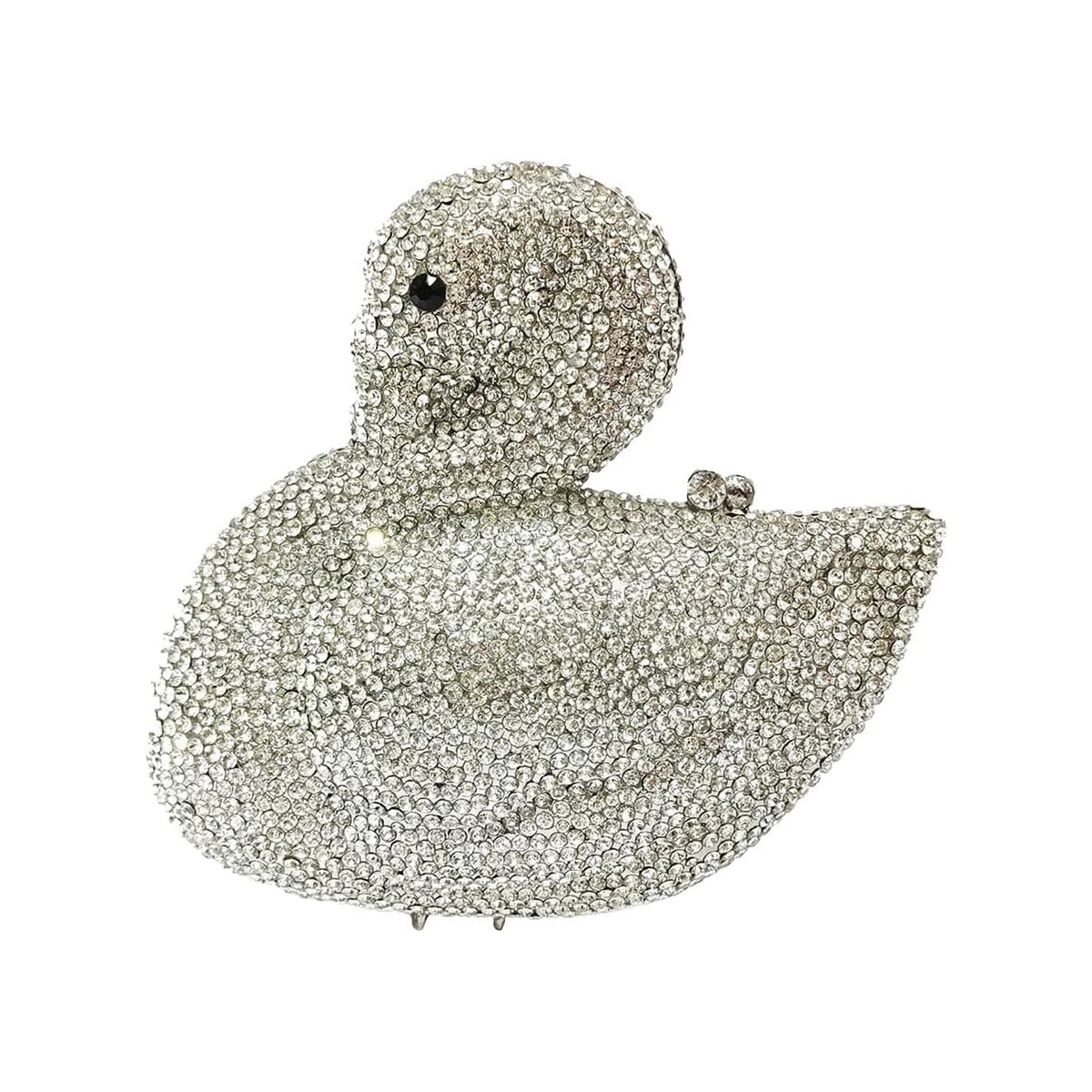 Silver rhinestone swan evening clutch handbag for bridal, wedding, or prom, covered in sparkling clear crystals.