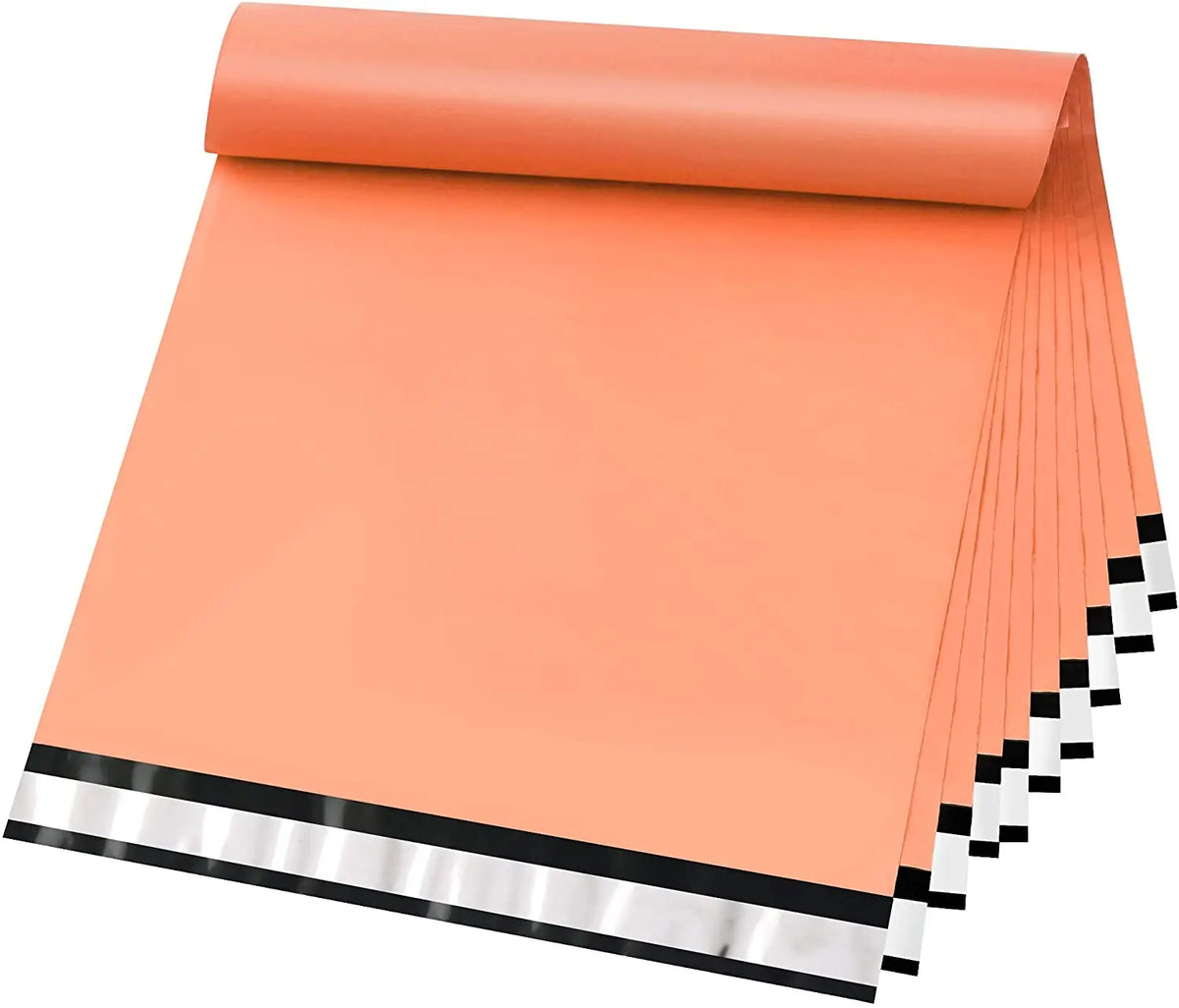 Orange poly mailer bag roll with black-and-silver stripe and stacked folds