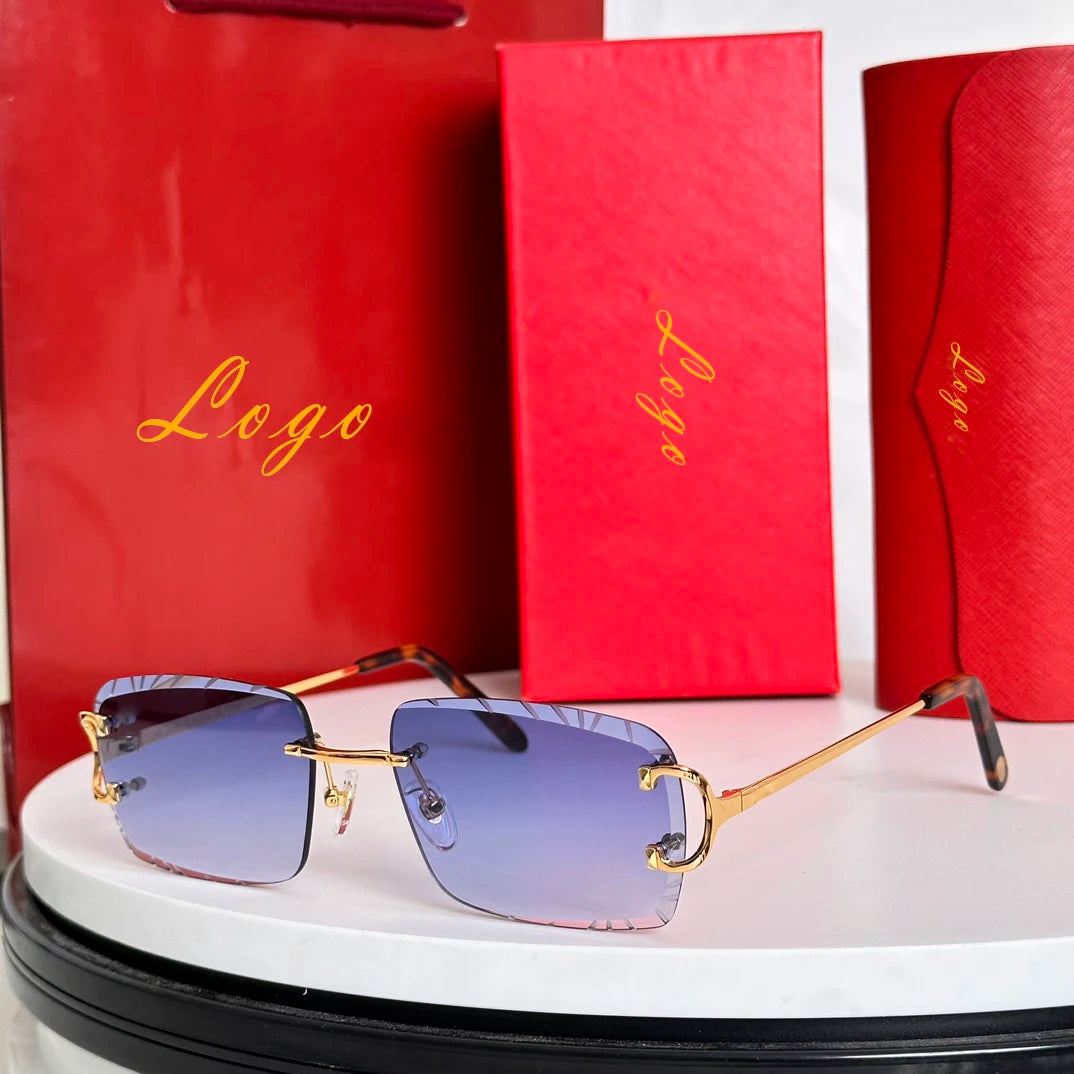 2026 LOGO Rimless Sunglasses Luxury Gold Rimless Blue Shades for Fashion Enthusiasts UV Protection Eyewear