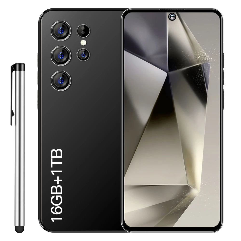 Black smartphone with quad rear cameras and front display, marked 16GB+1TB