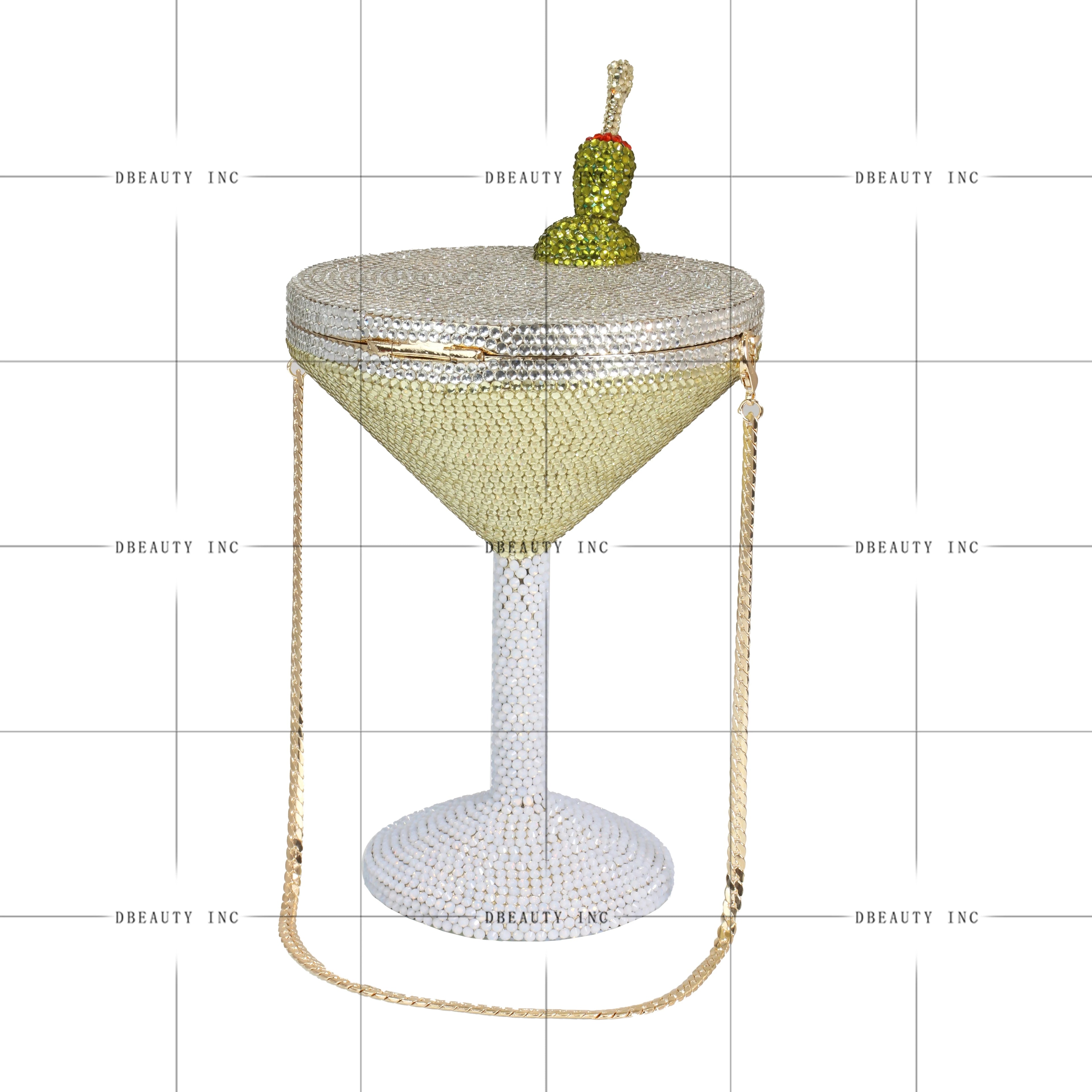 Martini glass evening clutch, crystal-embellished designer handbag with olive detail and gold chain strap.