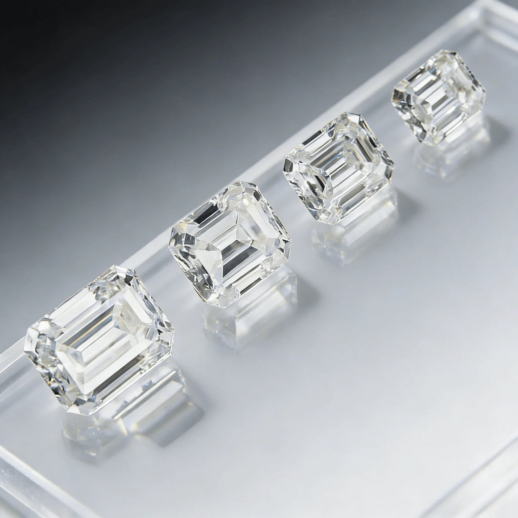 Assorted emerald-cut loose diamonds, clear color, faceted rectangular step cuts, group view.