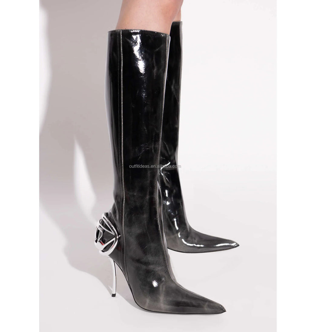 Sharply Pointed Toe Original Genuine Leather Luxury Side Zip Sexy Women D-Ten & Half-Glossy 105mm Stiletto Heel Knee-high Boots