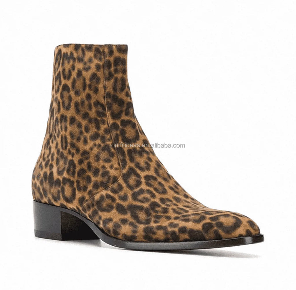 Pointed Toe Size 14 Unisex Women Men Dress Shoes Block Cuban Heel Leopard Suede Chelsea Boots Ankle High Leather Chelsea Boots