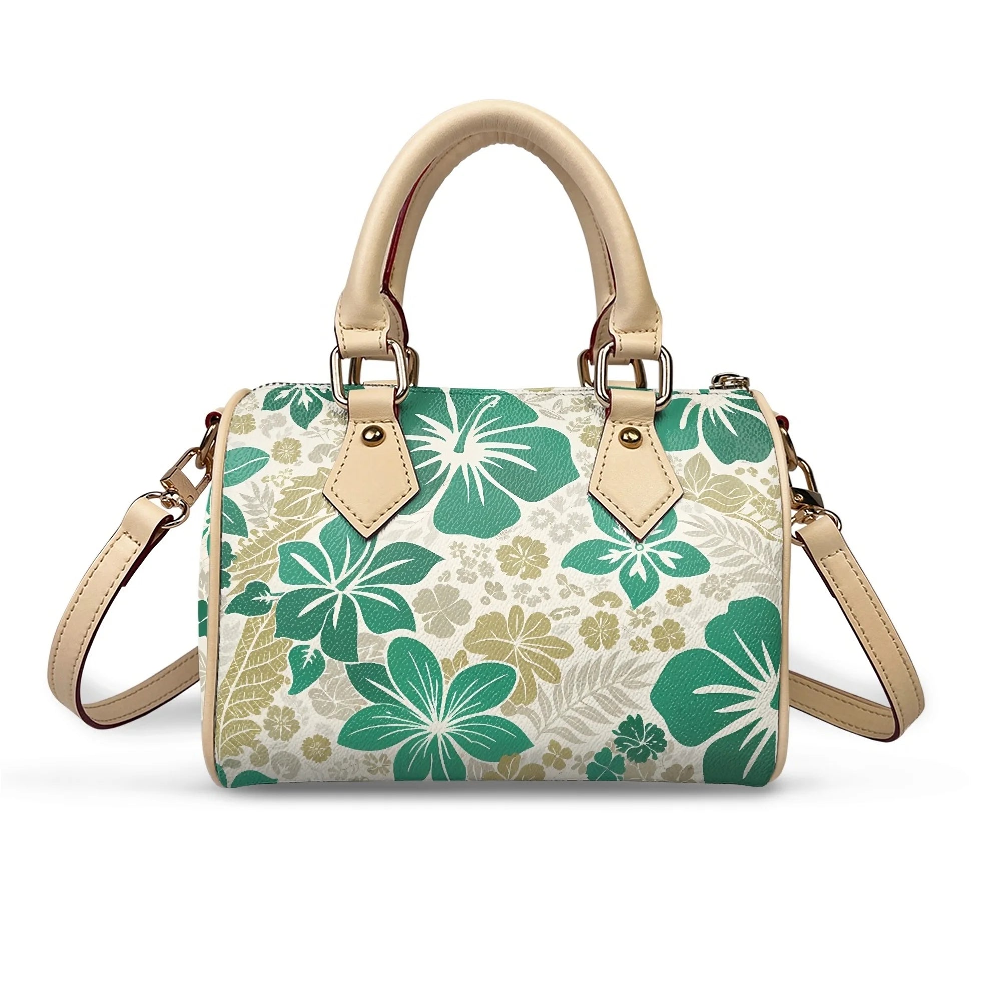 Green and white floral print pillow handbag with beige leather top handles and detachable shoulder strap. Trunk style.