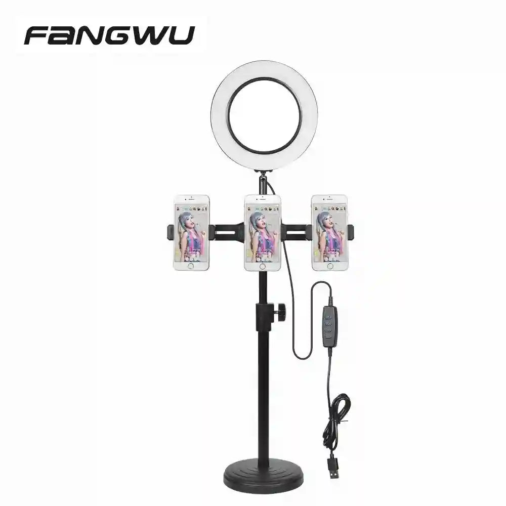 Black adjustable stand with a circular LED ring light and three smartphone holders for mobile content creation.