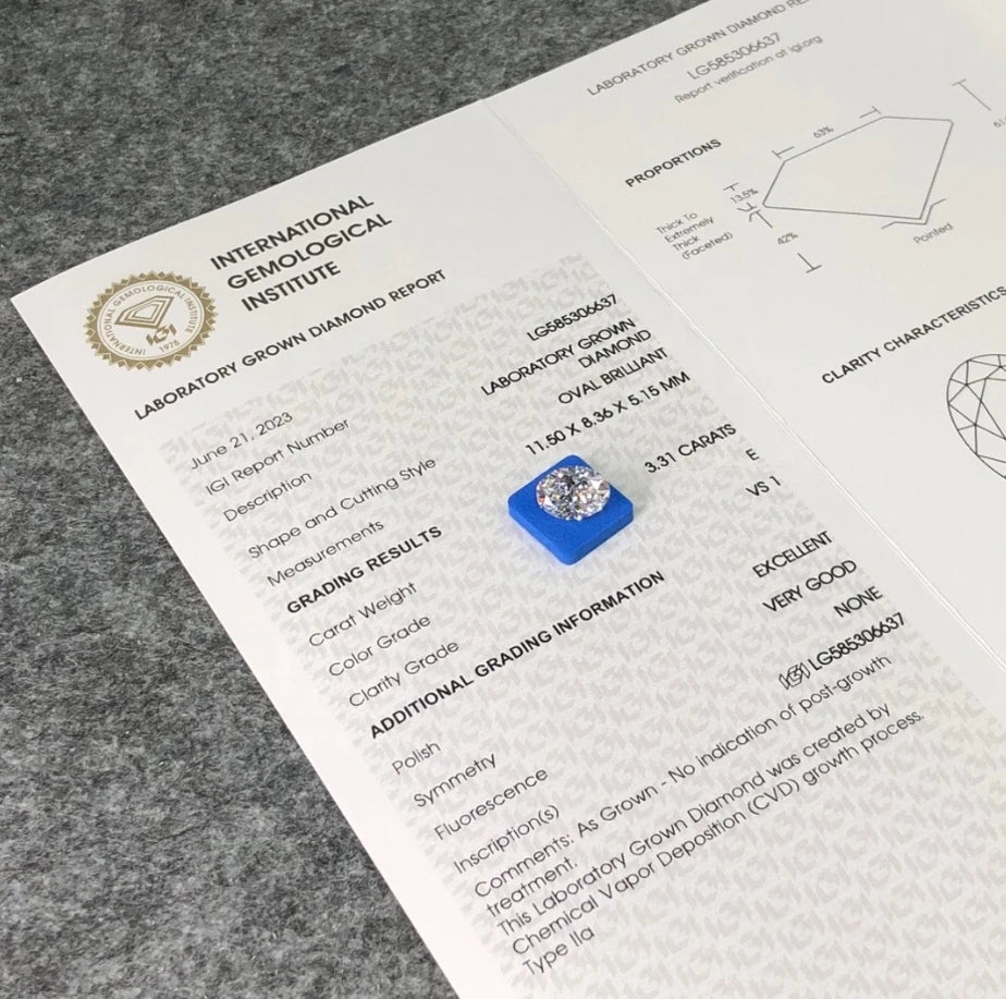 IGI laboratory grown diamond report with small blue diamond accent