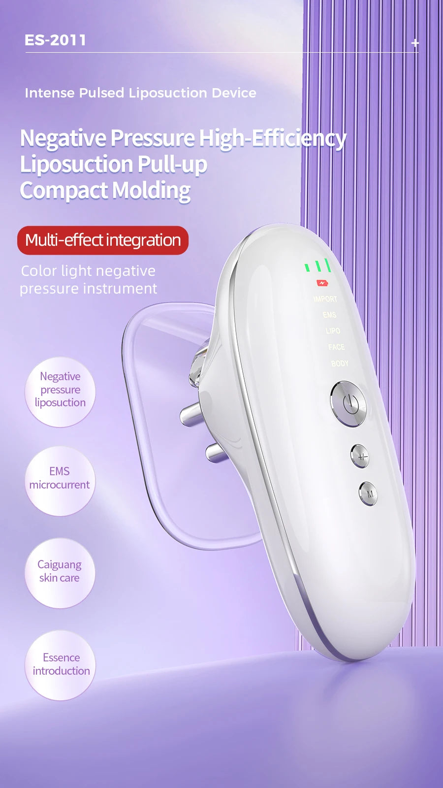 White, oval-shaped handheld body sculpting device with silver buttons and a transparent cupping attachment.