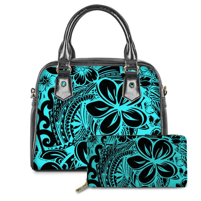 Black and turquoise PU leather mini handbag and wallet set with Polynesian tribal floral print and vintage trunk style.
