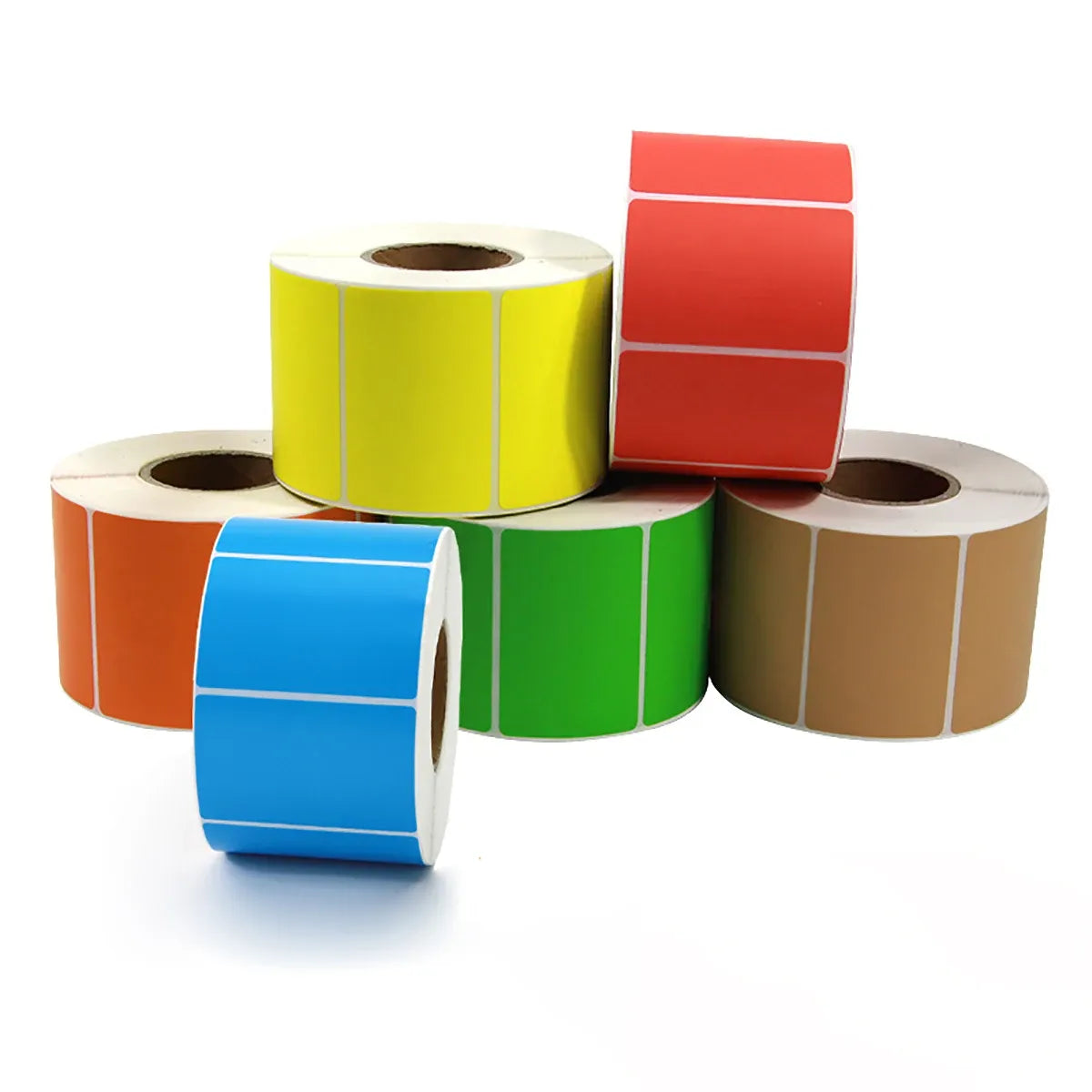 Assorted rolls of barcode labels in red, green, yellow, blue, and brown tones.