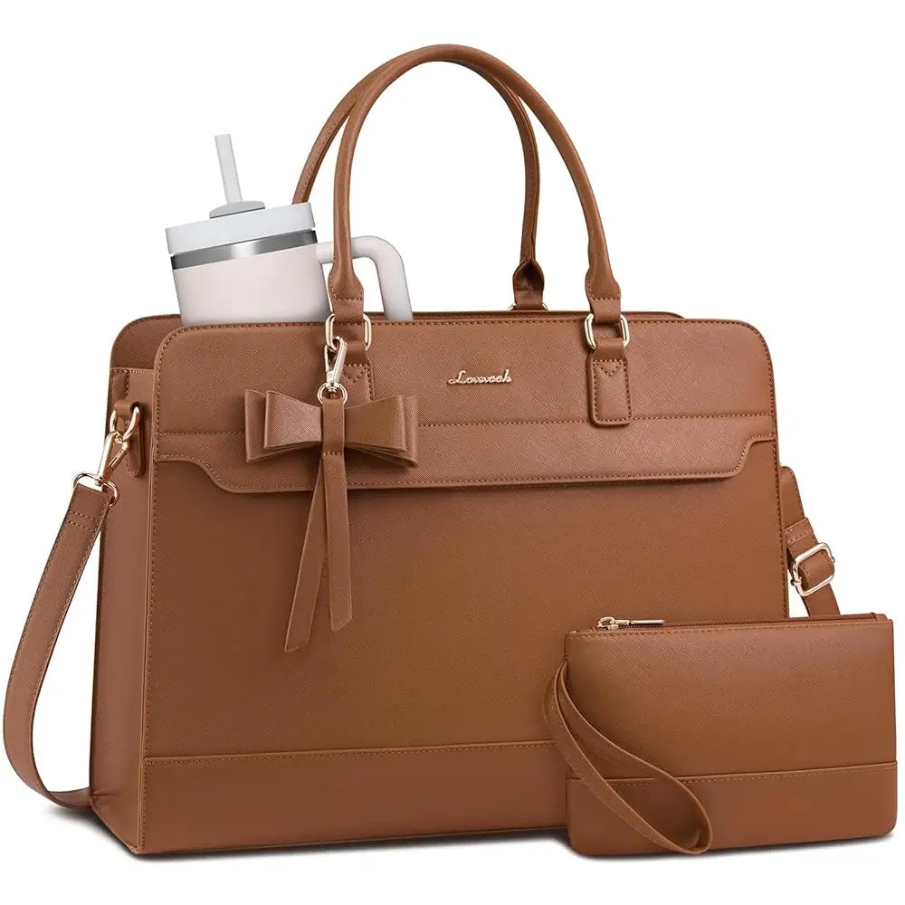Brown leather 15.6-inch laptop tote bag with bow detail, matching wristlet, and waterproof designer office style.