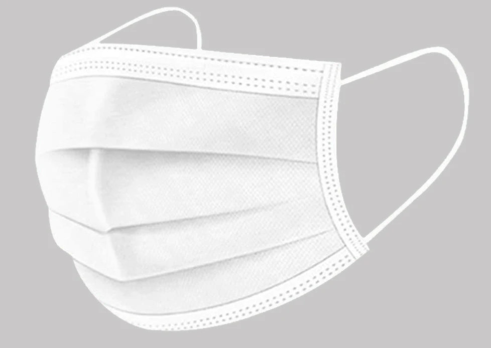 White 3-layer disposable face mask with meltblown cloth, pleated texture, and elastic ear loops for anti-dust protection.