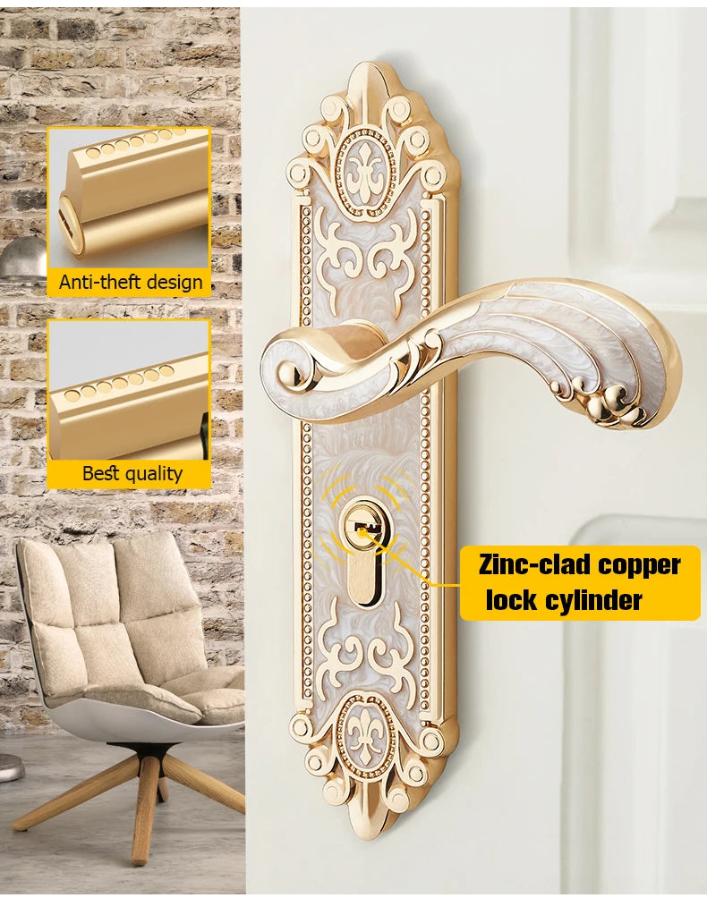 KAK European Style Gold Door Locks with Keys Door Handle Ivory White Security Entrance Door Lock Mute Anti-theft Door Hardware