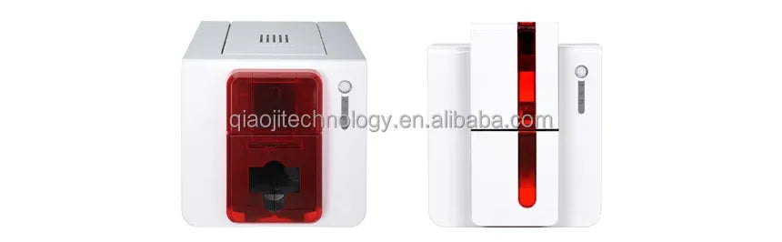 White ID badge printer with red display and visible ribbon area