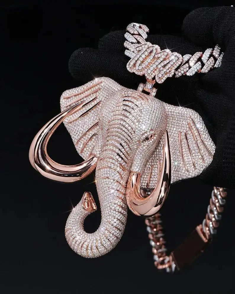 Iced Elephant Pendant Necklace Unisex Full Moissanite Sterling Silver Rose Gold Animal Design Hip Hop Party Statement Jewellery