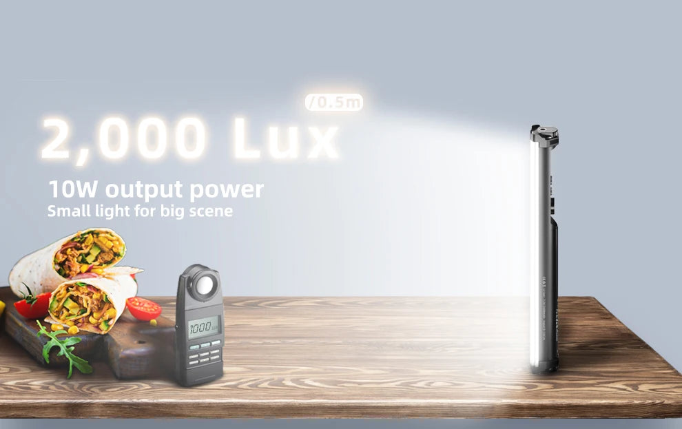 Black cylindrical LED light bar emitting bright light next to a digital light meter on a wooden table.