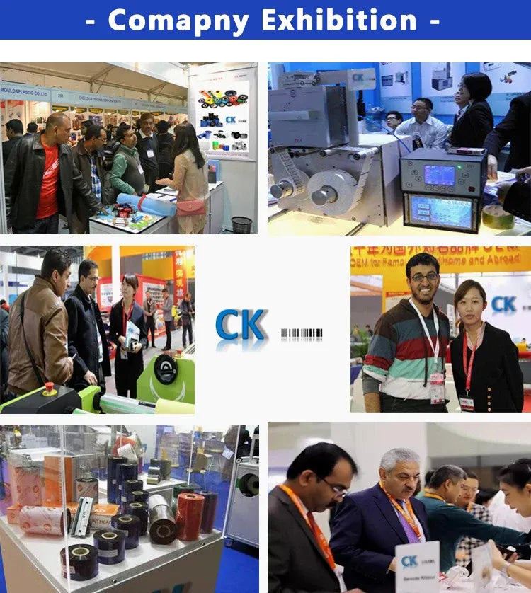 Thermal transfer ribbon jumbo roll company exhibition collage with CK displays and attendees