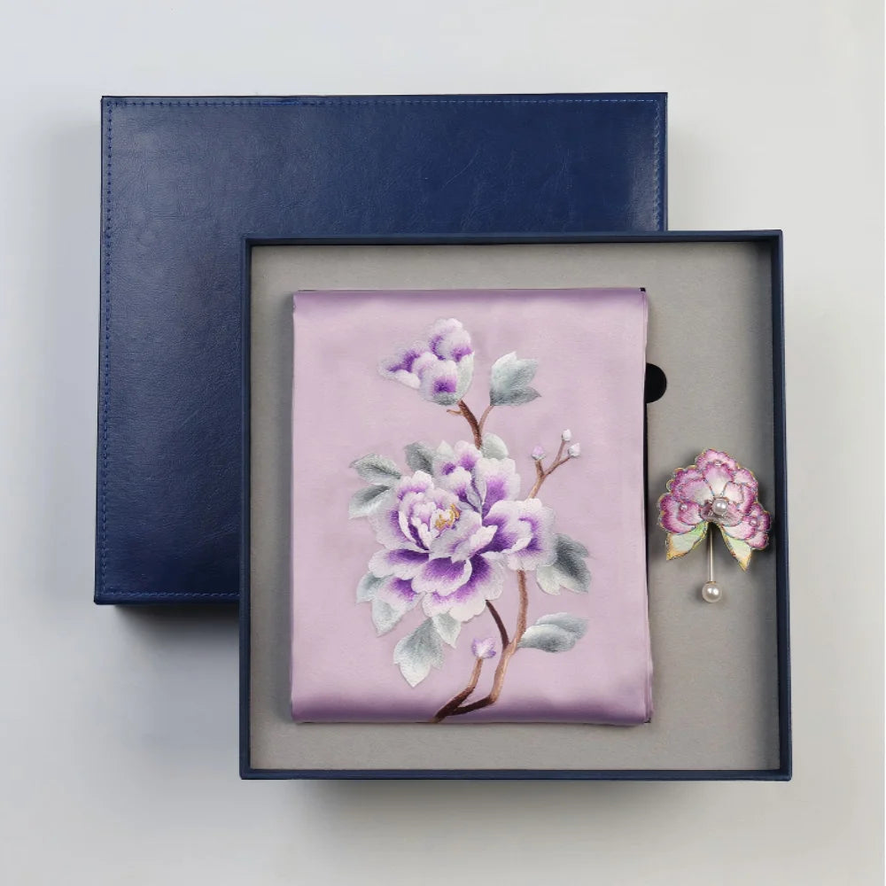 Handmade Su Embroidery Scarf & Stylish Brooch Box Set
