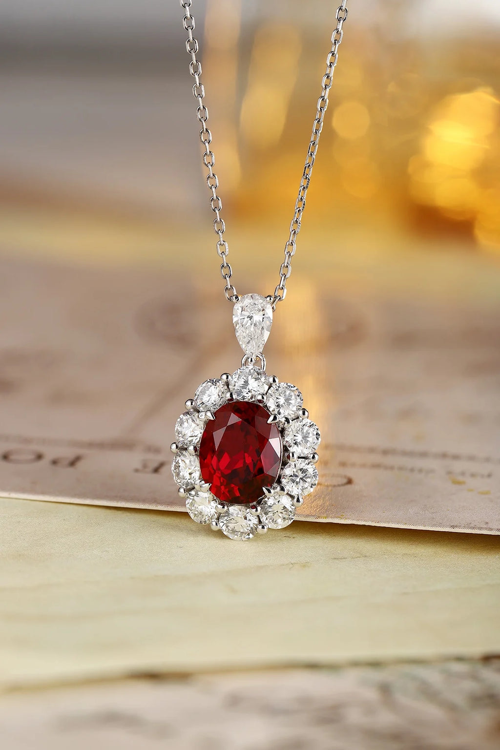 Lanphear Jewelry PT950 Platinum Four-Prong Claw Setting Necklace-Oval Cultured Ruby & Cultured Diamond for Gift, Anniversary