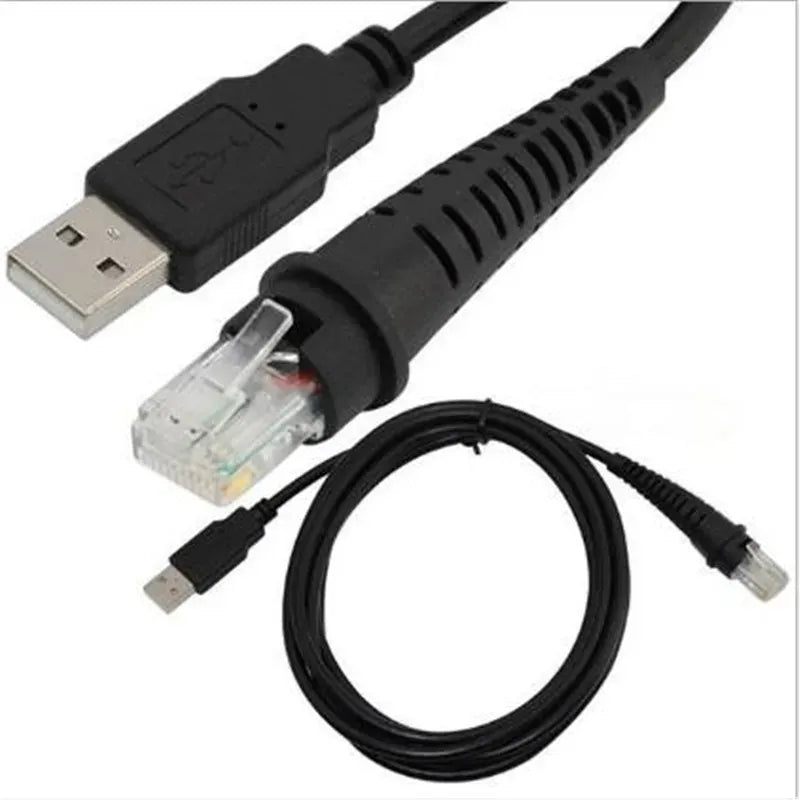 Black USB to RJ45 barcode scanner cable with USB-A and RJ45 connectors in view