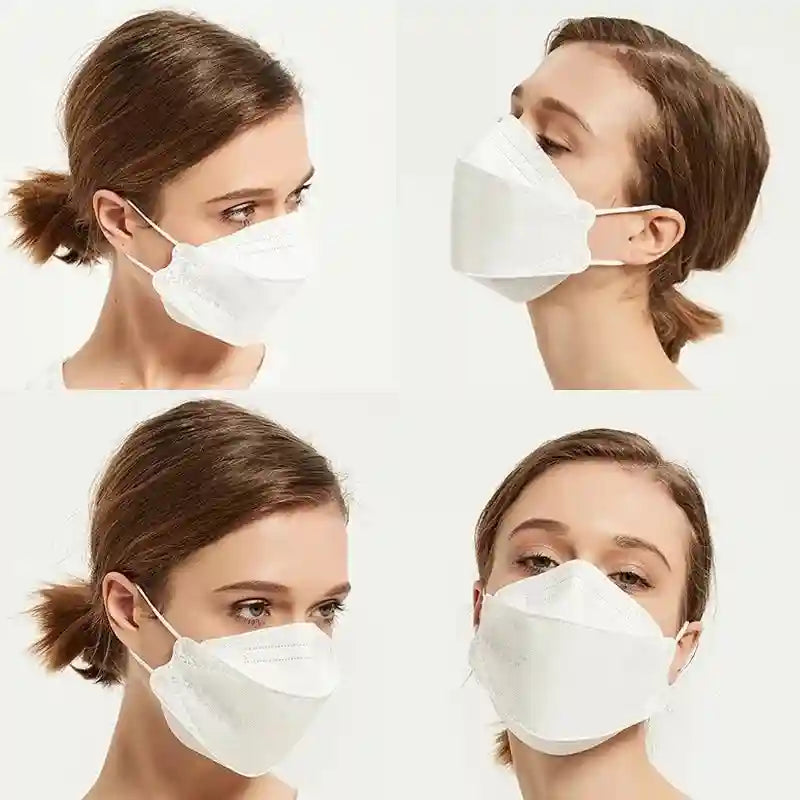 Woman wearing a white 4-layer FFP2 KN95 respirator mask with a smooth, ergonomic fabric texture for dust protection.