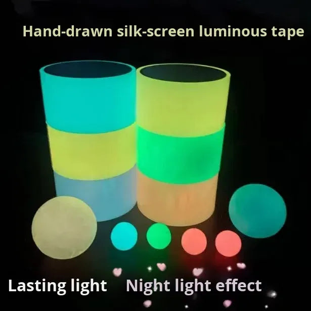 Four glow tape rolls and several glowing spheres; teal, yellow, green, and pink tones