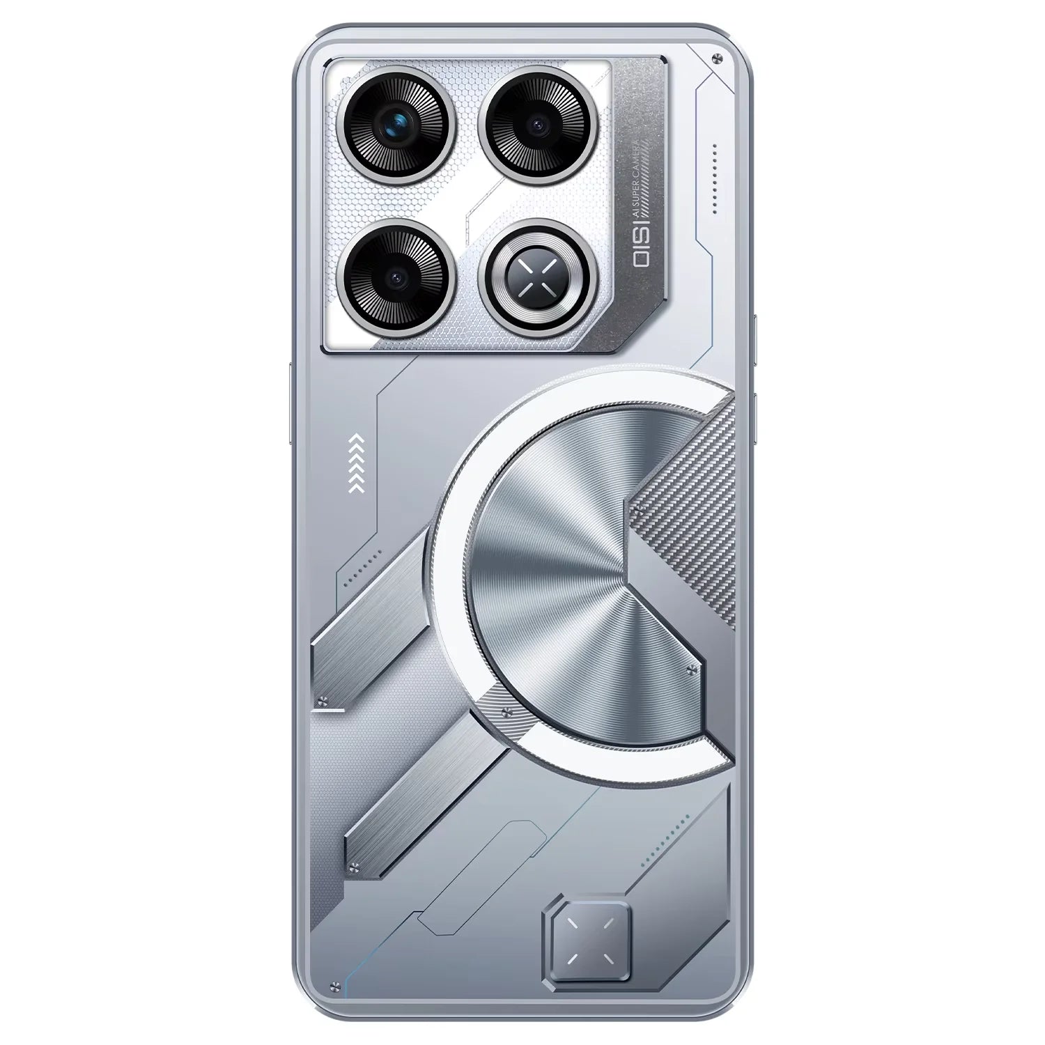 Silver/gray smartphone with triple rear camera module and circular back design