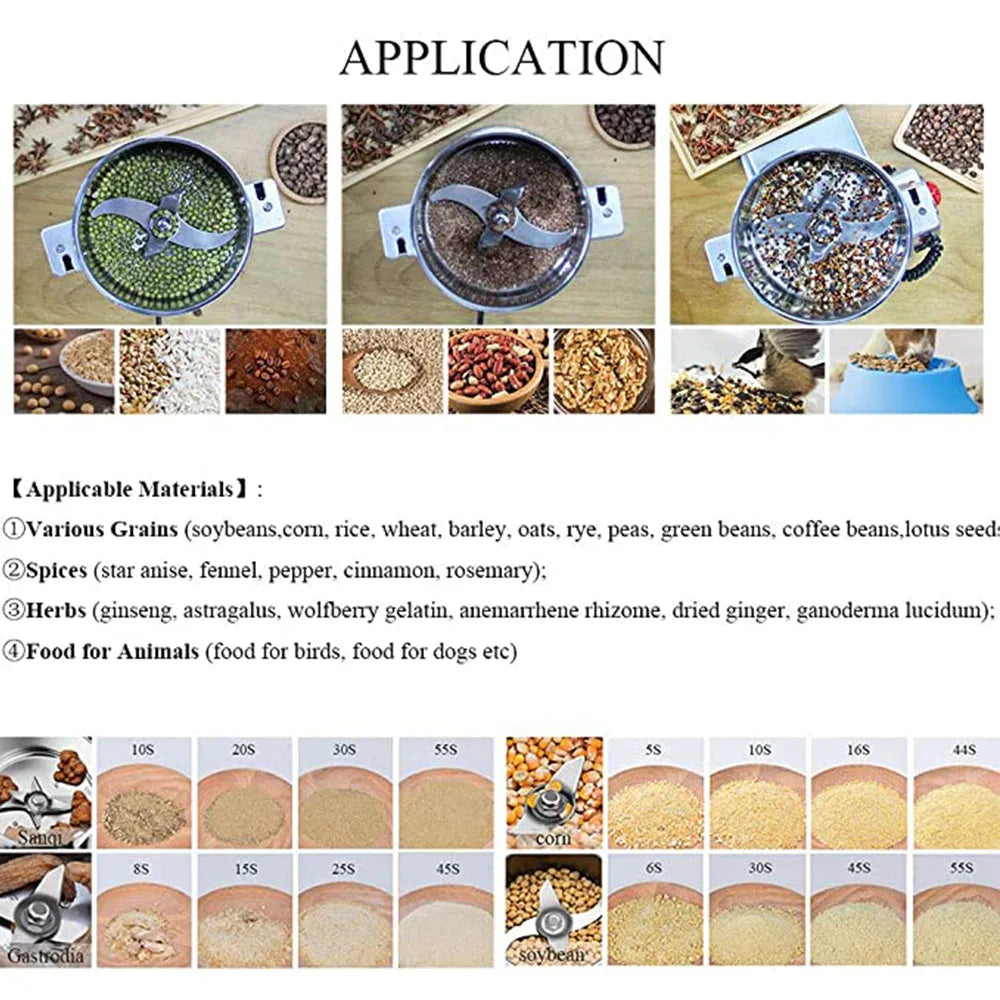 Stainless steel electric grain mill grinder for coffee beans, spices, herbs, and animal feed with metal blades.