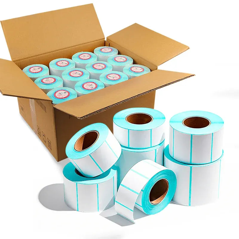 Waterproof thermal label paper rolls in shipping box and loose rolls, white