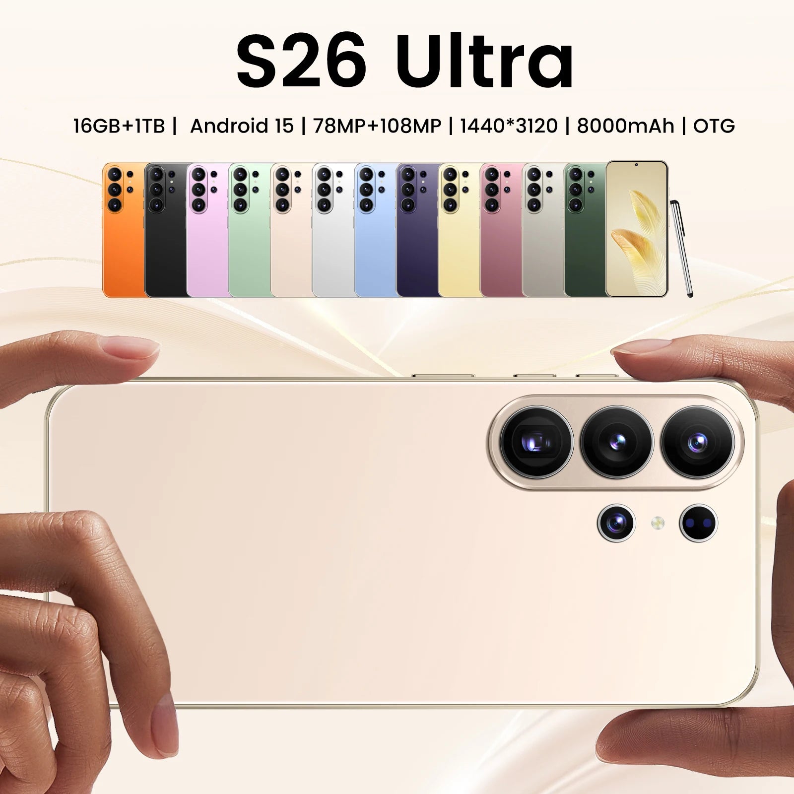 Original S26 5G smartphone with 7.3 inch HD screen, 16GB RAM, 1TB storage, 8000mAh battery and 48MP dual camera.
