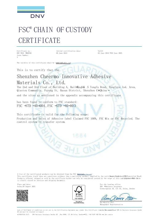 DNV FSC chain of custody certificate document with embossed seal