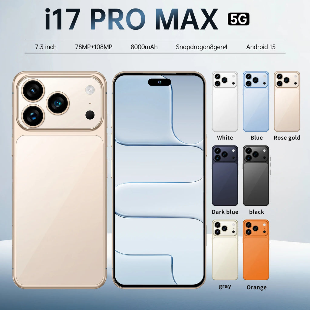 I 17 Pro Max 5G smartphone with 108MP camera, 16GB RAM, 1TB storage, and 8000mAh battery, fifth gallery view