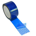 Blue tamper-evident void seal tape roll dispensing VOID-pattern strip