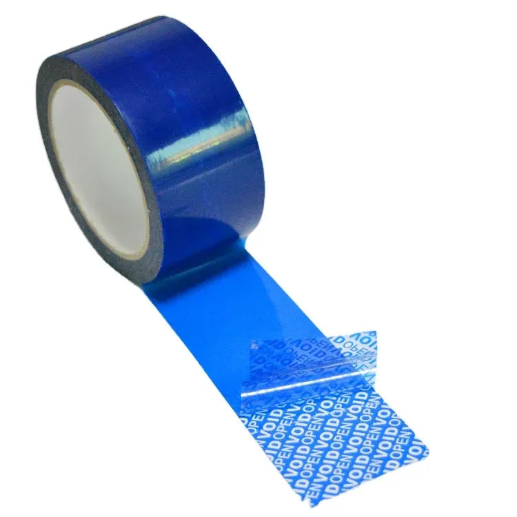 Blue tamper-evident void seal tape roll dispensing VOID-pattern strip