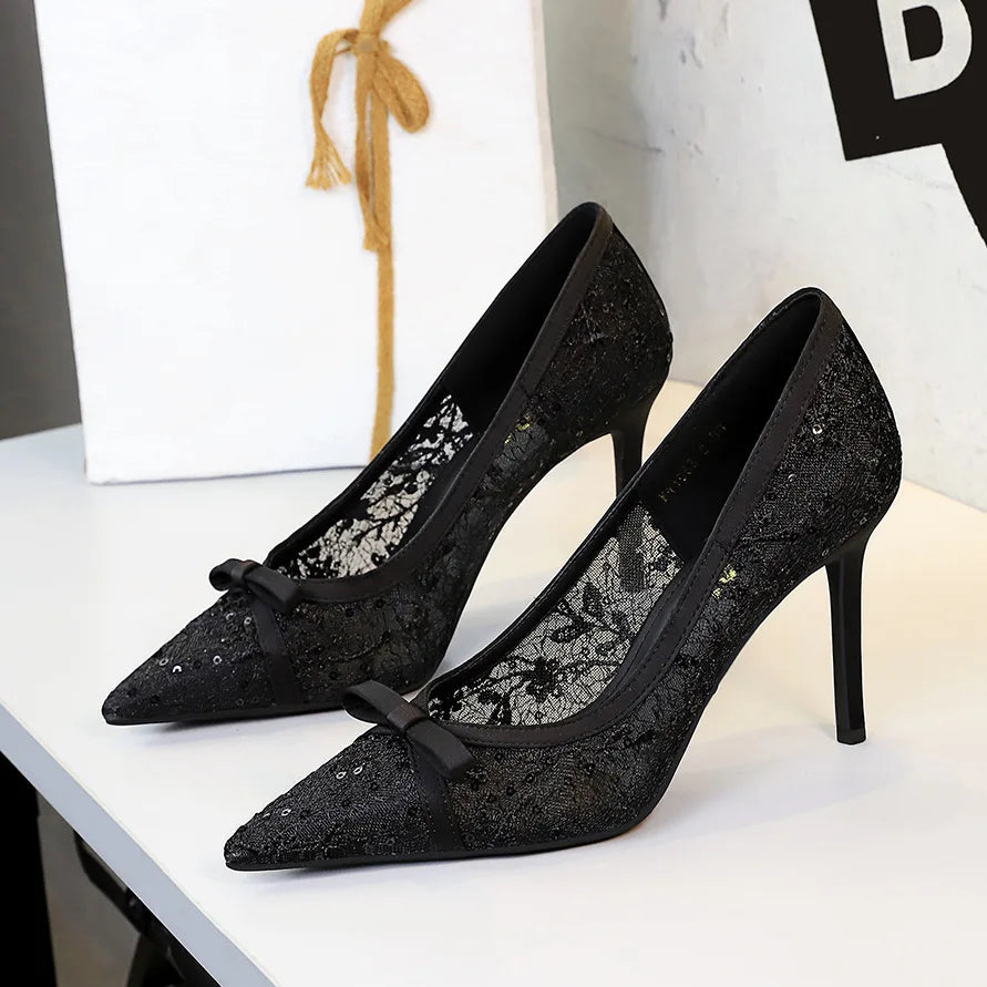 2026 New Model Formal Slip-On High Heel Womens Shoes with Bow Glitter Lace Solid Pattern Pointed Toe Low-Cut Thin Heel