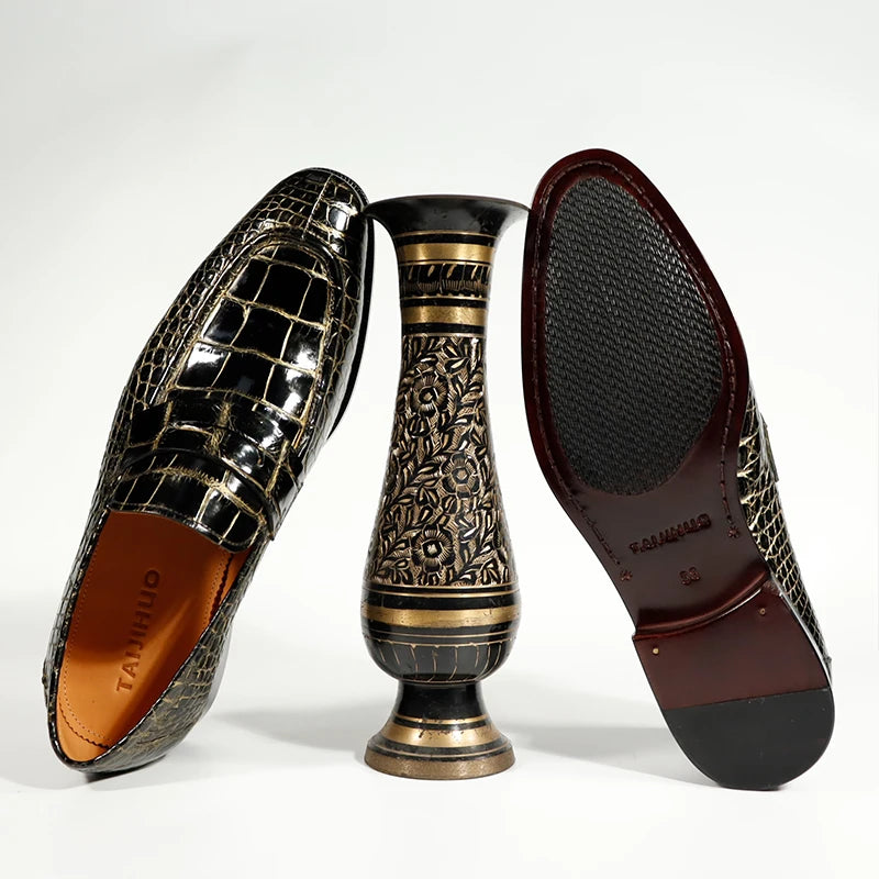 Trendy Genuine Crocodile Leather Shoes Black Gold Loafers Men Wedding Party Footwear Casual Shoes Slip-on Men's Dress Shoes