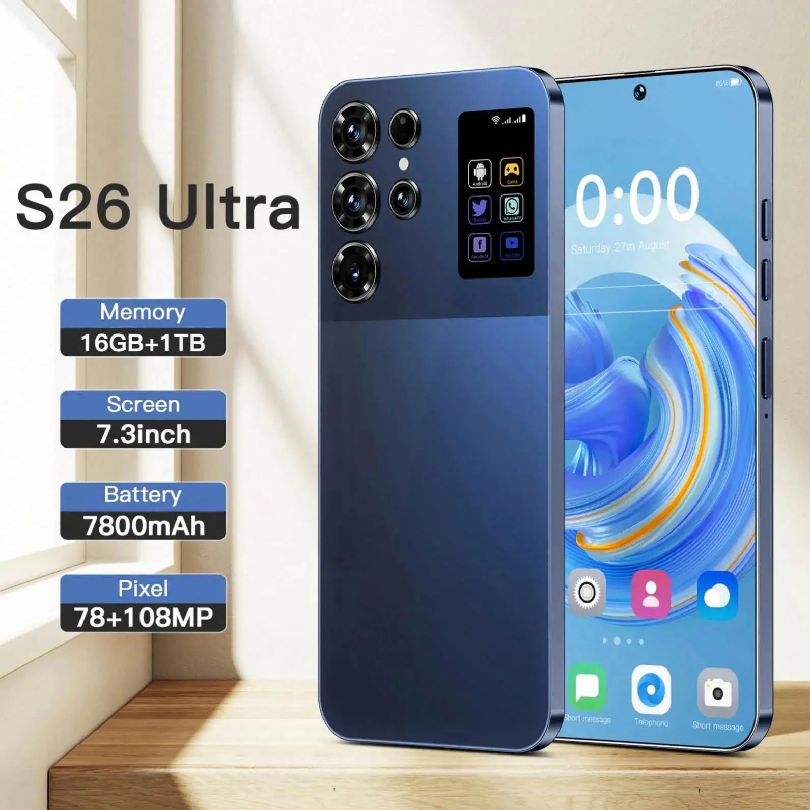 S26 Ultra 1TB 5G smartphone with 7 inch display and Android 14, gallery view of new 2025 flagship gaming phone.
