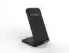 Black wireless charging stand with a tilted, rectangular base for upright smartphone charging.