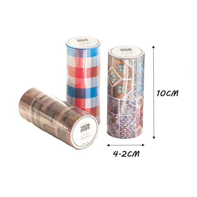 Decorative masking tape roll set with plaid and mosaic stripe patterns, 5 m