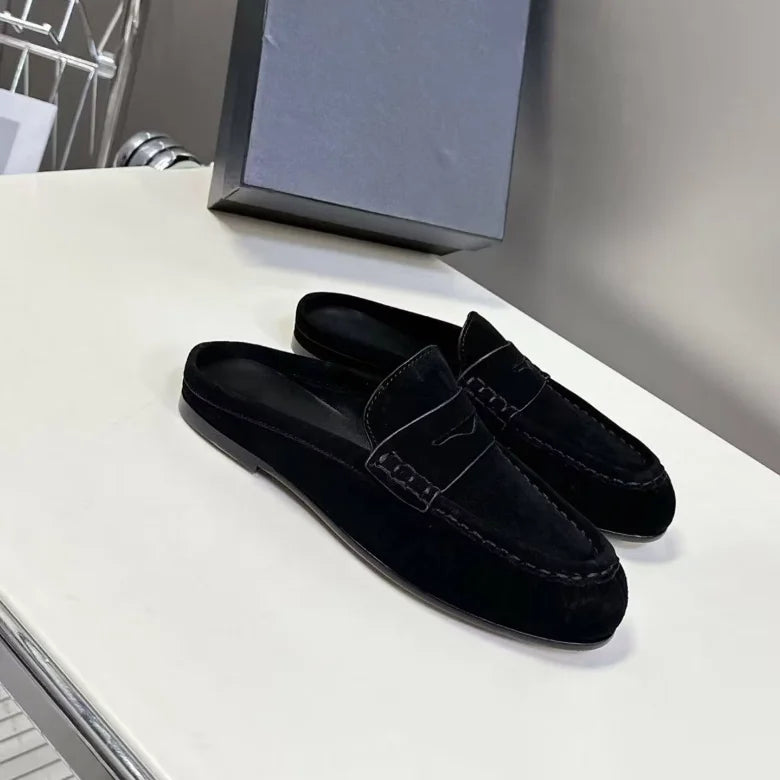 Women's Genuine Leather Loafers Ruched Backless Mules Comfortable Flat Slip-ons Soft Casual Walking Shoes Spring Slides