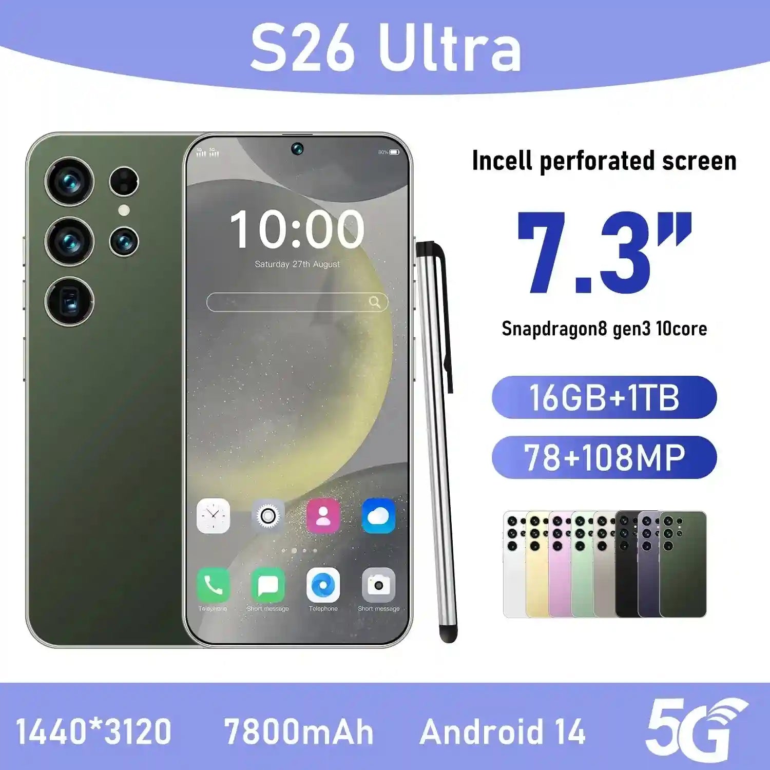 S26 Ultra 5G Smartphone - 7.3 Inch AMOLED Display, 1TB Storage Tidesmit