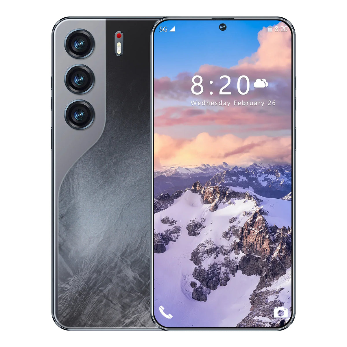 Dual-view smartphone with black back panel and front display showing a mountain wallpaper