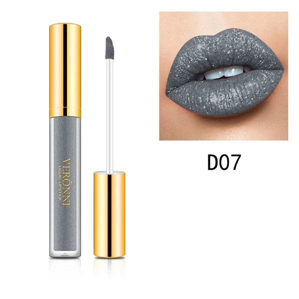 Grey diamond shimmer liquid lipstick with glitter, waterproof matte finish, shown on lips in shade D07.