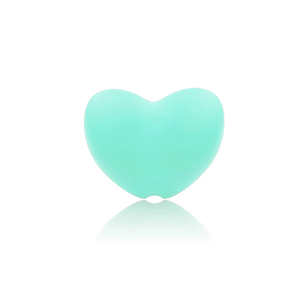 Mint green heart-shaped silicone baby teething toy for soothing sore gums.